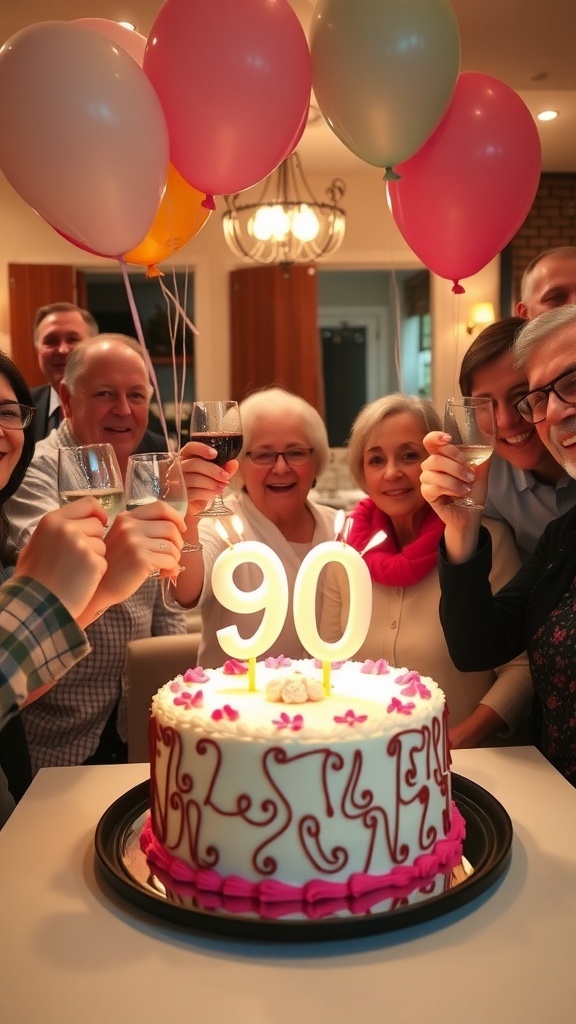 Heartfelt Toast for a 90th Birthday Celebration Family and friends toasting at a 90th birthday celebration with a decorated cake and balloons.